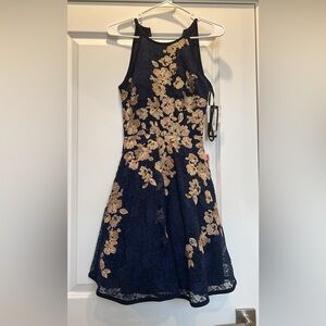XSCAPE Elegant Navy and Gold Floral Lace Dress